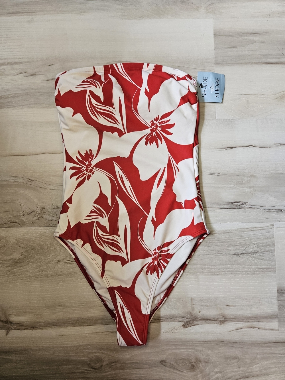 Shade & Shore Red Floral Bandeau One Piece Swimsuit Tropical  women's NWT XS